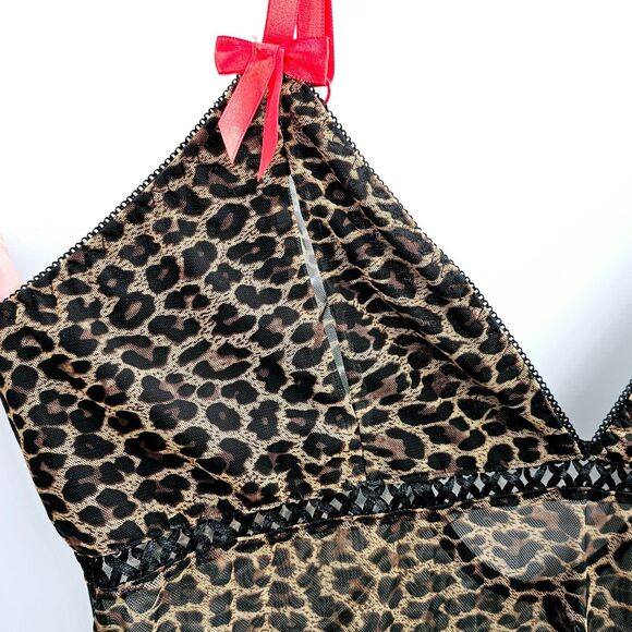 Collection Lingerie XL Leopard Mesh Babydoll Chemise Red Ribbon Bows - Picture 3 of 8